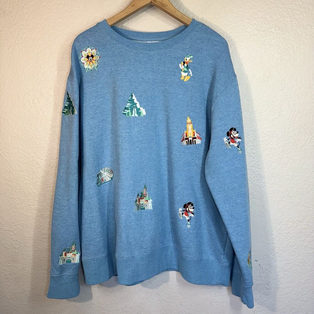 Disney Crewneck Sweatshirt Icons Starwars Mickey Castle Embroidered Blue Size XL